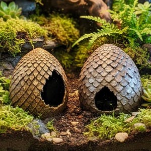 May include: Two decorative, egg-shaped terrarium habitats with textured, scale-like exteriors. The openings reveal dark interiors. The scene is surrounded by green moss, plants, and small rocks, creating a naturalistic environment.