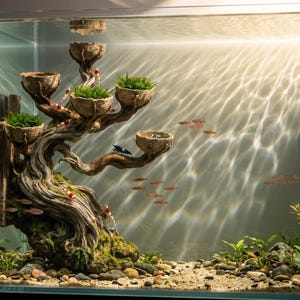 Könnte beinhalten: Ein Aquarium-Ornament aus Treibholz in Baumform mit mehreren schalenförmigen Plattformen, die grünes Moos enthalten. Mehrere kleine rot-weiß gestreifte Garnelen und eine dunkelblaue Garnele krabbeln auf dem Holz, während kleine Fische schwimmen.