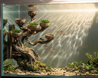 Twisted Driftwood Bonsai Tree with Planting Cups Aquarium Decoration 3D Printed Fish Tank 56