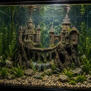 May include: A detailed aquarium ornament featuring a stone-textured castle with multiple towers, spires, and a connecting arched bridge. The structure is set within a glass tank filled with water, surrounded by green aquatic plants and gravel.