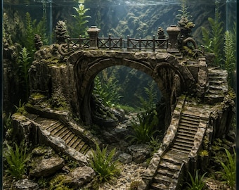 Where Worlds Meet — Aged Copper Cliffside Bridge Aquarium Decor 3D Printed Centrepiece 119