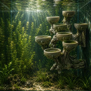 May include: A multi-tiered aquarium decoration featuring a textured, tree-like structure with seven integrated bowl-shaped platforms. The piece has a weathered, stone-like appearance with muted gray and brown tones, designed to mount to a glass wall.