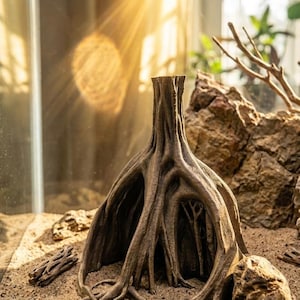Könnte beinhalten: Braune, baumartige Aquariendekoration mit freiliegenden Wurzeln und einem hohlen Innenraum. Das künstliche Treibholz befindet sich auf einem sandigen Substrat, mit Felsen und anderen natürlichen Elementen im Hintergrund. Die Szene wird von Sonnenlicht beleuchtet.