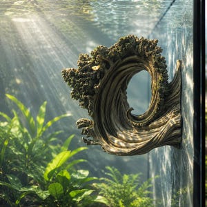 May include: A brown, wave-shaped aquarium ornament with a textured, moss-like top edge, mounted to the side glass of a tank. The piece features a swirling, wood-grain pattern and a central circular opening, surrounded by green aquatic plants.