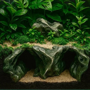 May include: A terrarium with lush green plants, including large-leafed varieties, moss, and small plants. The foreground features a rock formation with archways, creating a naturalistic miniature landscape. The terrarium is enclosed in a glass container.