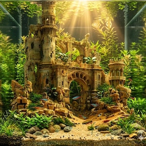 May include: An aquarium ornament depicting a crumbling castle ruin in shades of beige and brown. The structure includes arched entrances and towers, set amongst vibrant green plants and small rocks. The scene is lit by sunlight, creating a lively underwater setting.
