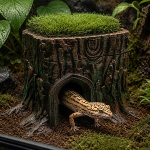 Pode incluir: Um gecko-leopardo com manchas amarelas e pretas saindo de um esconderijo em forma de tronco de árvore castanho e texturizado. O tronco apresenta uma entrada arqueada oca e um topo plano coberto por uma camada de musgo verde vibrante.