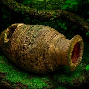 May include: A weathered, brown ceramic vase with a wide opening and decorative carvings. The vase rests on a bed of green moss, with a dark green background of foliage and branches. The interior of the vase opening is a reddish-brown color.