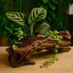May include: A unique, handcrafted wooden planter, shaped like a log, filled with soil and lush green plants. The planter features a natural, weathered appearance, perfect for indoor or outdoor decor. The plants include a Calathea and other trailing plants.