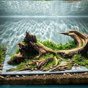 Peut inclure: Un aquarium avec un aménagement paysager méticuleux. Le réservoir présente une grande pièce de bois flotté, des plantes vertes luxuriantes et de petits poissons. Le substrat comprend du gravier et des roches, créant un environnement sous-marin naturel. L'eau est claire.
