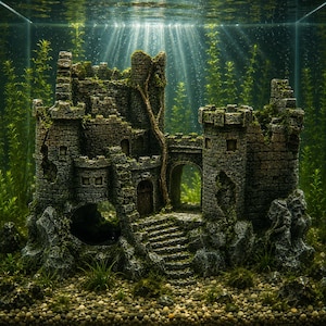 Peut inclure: Un ornement d'aquarium en forme de château en pierre avec des textures de briques usées, plusieurs tours, une porte centrale voûtée et un escalier. La structure est couverte de mousse verte et entourée de plantes aquatiques et de gravier.