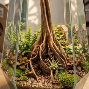 May include: A contemporary terrarium in a clear, geometric glass case. It contains a miniature ecosystem with a central, textured, brown tree root structure, surrounded by lush green plants, small fish, and gravel. The terrarium is lit by an overhead light.