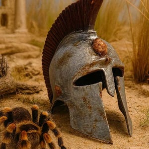 May include: A weathered, metallic Spartan helmet with a brown crest and a tarantula. The helmet has a distressed finish, suggesting age or battle. The spider is brown and black with orange markings. The scene is set on a sandy surface.