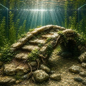 Könnte beinhalten: Ein bogenförmiges Steinbrücken-Ornament für Aquarien mit verwitterten grauen Steinen, strukturierten Oberflächen und realistischen grünen Moos- und Rankendetails. Die Struktur ist unter Wasser, wobei Lichtstrahlen durch die Oberfläche dringen.
