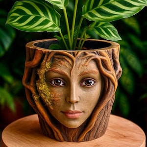 May include: A decorative planter with a face sculpted into the wood-like exterior. The planter features a woman's face with detailed eyes and lips. Green and white striped leaves sprout from the top of the planter. The planter is sitting on a wooden surface.