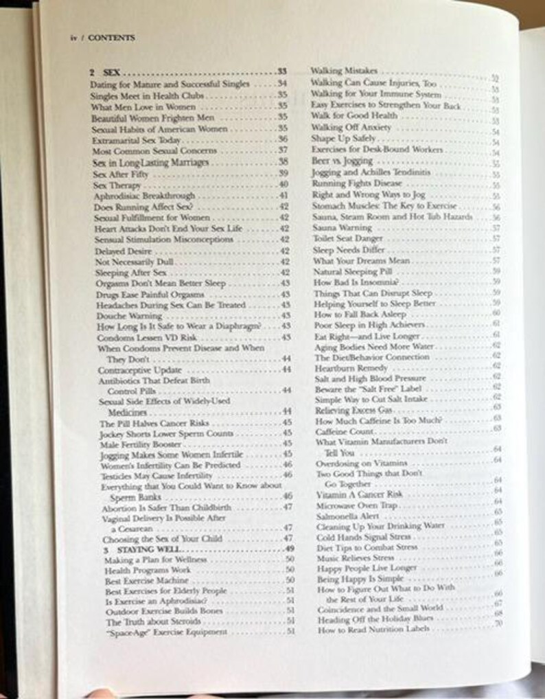 May include: Open book with a table of contents. Topics include sex, relationships, and health. The page numbers are visible. The book is open to the "Contents" page.