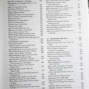 May include: A book's contents page with financial topics. The page lists chapters on mortgages, stock markets, and insurance, with page numbers. The text is black on a cream-colored background.