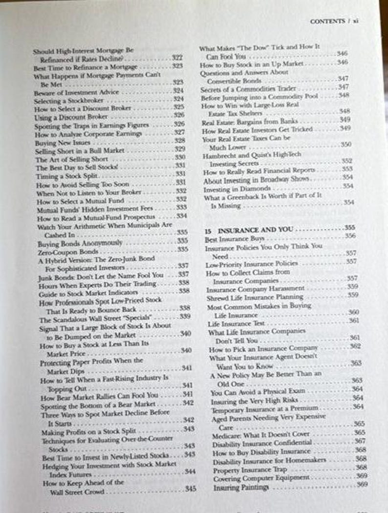 May include: A book's contents page with financial topics. The page lists chapters on mortgages, stock markets, and insurance, with page numbers. The text is black on a cream-colored background.