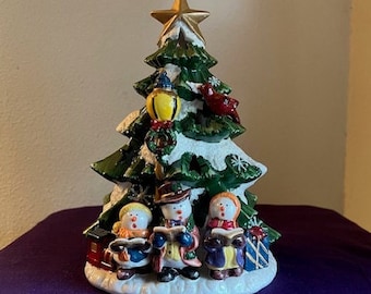 Light-up Christmas Tree, Porcelain, with Caroling Snowmen -- 9142-GBR