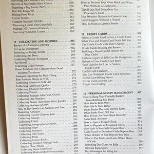 May include: A book's contents page with a list of topics, including "Collecting and Hobbies" and "Credit Cards." The page numbers are visible. The text is in black font on a cream-colored background.