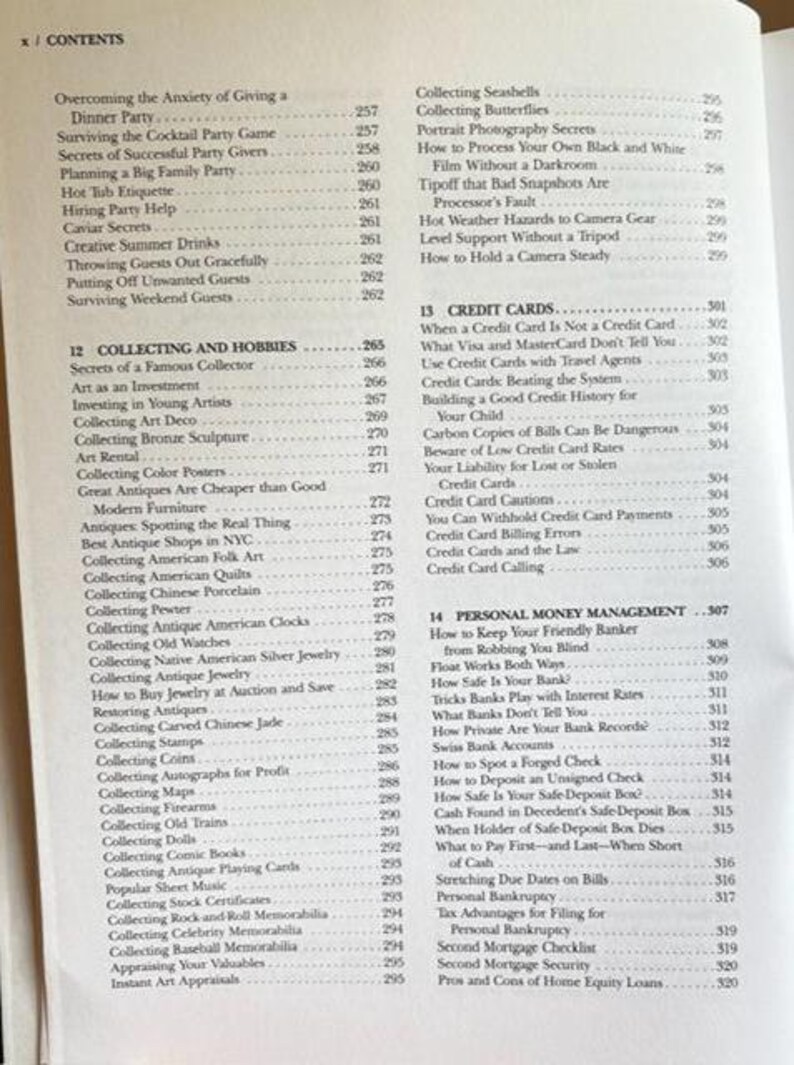 May include: A book's contents page with a list of topics, including "Collecting and Hobbies" and "Credit Cards." The page numbers are visible. The text is in black font on a cream-colored background.