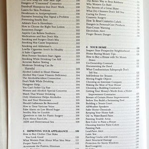 May include: Open book with a table of contents, listing topics like skincare, health, and home improvement. The pages are white with black text, and the book is open to a page with a list of topics.