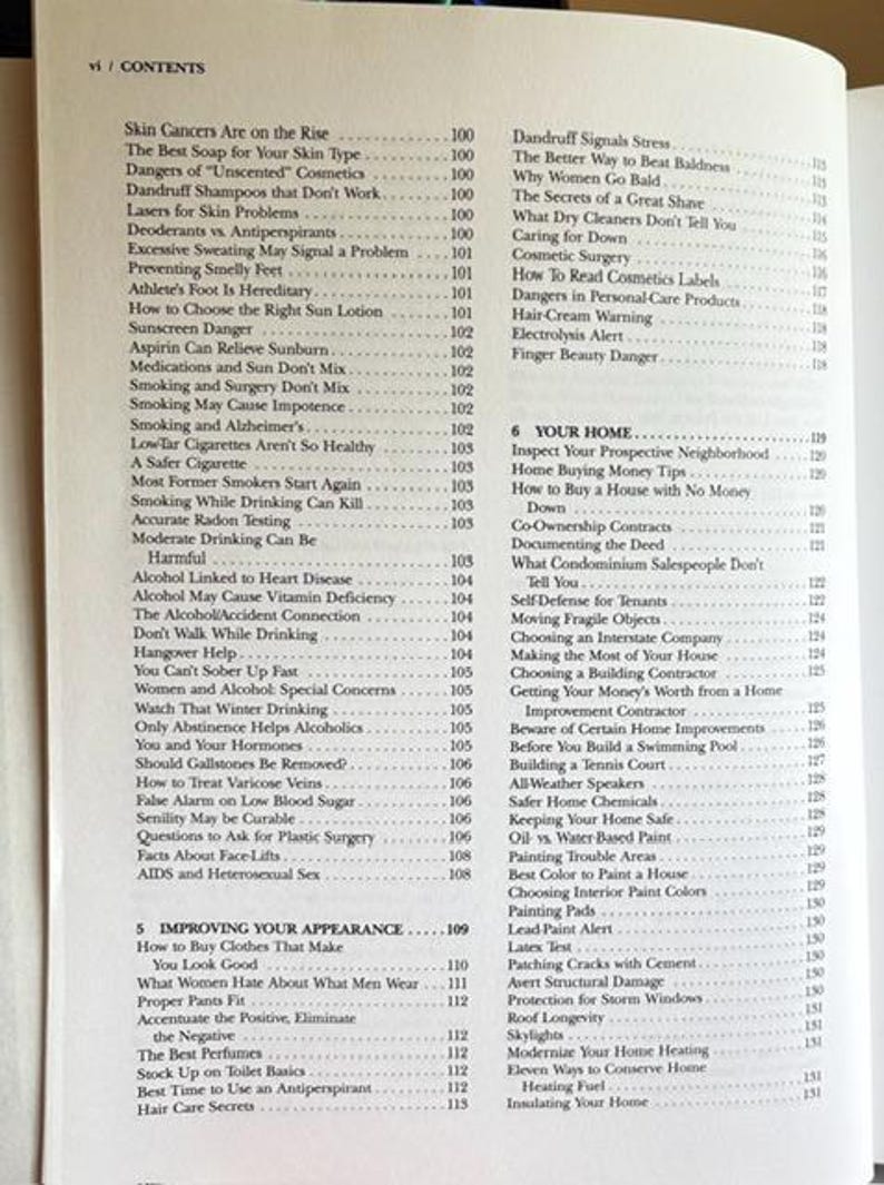 May include: Open book with a table of contents, listing topics like skincare, health, and home improvement. The pages are white with black text, and the book is open to a page with a list of topics.