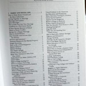 May include: A book's contents page, featuring a list of topics. The title "Contents" is at the top. The topics cover family, social life, marriage, and children's health. The page is printed in black text on a white background.