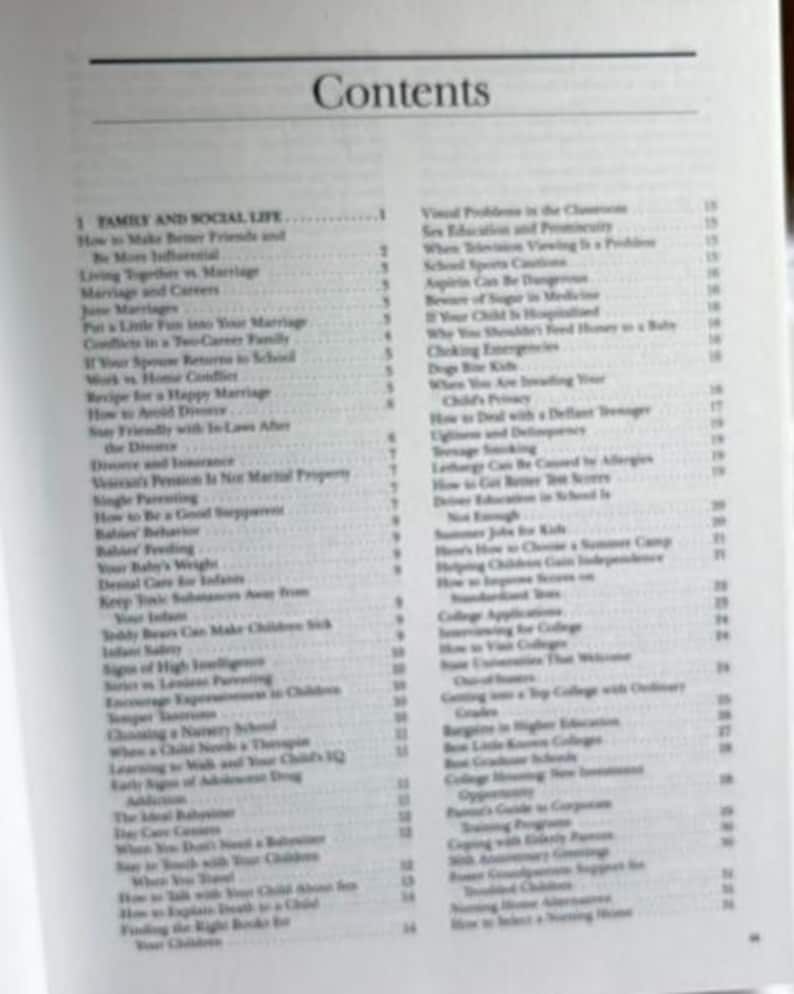 May include: A book's contents page, featuring a list of topics. The title "Contents" is at the top. The topics cover family, social life, marriage, and children's health. The page is printed in black text on a white background.