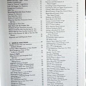 May include: A book's open pages display a detailed table of contents. The headings cover topics like food labels, diets, and medical solutions. The text is black on a white background.