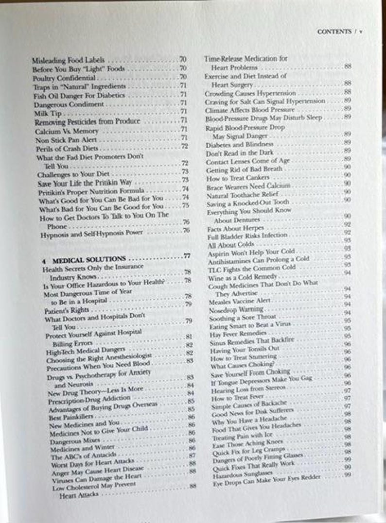 May include: A book's open pages display a detailed table of contents. The headings cover topics like food labels, diets, and medical solutions. The text is black on a white background.