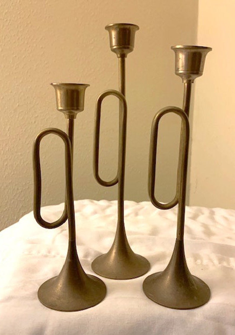 2959-CAB3B Candlestick Holders Bugle Set of 3 Brass Candlestick Holders Home & Living ...