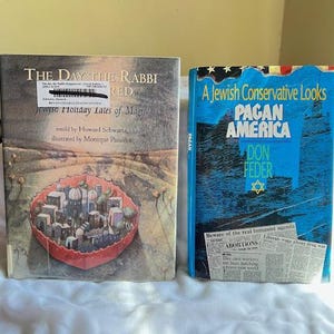 May include: Two books on a white surface. The book on the left is titled "The Day the Rabbi Red" and features a colorful illustration of a city. The book on the right is titled "A Jewish Conservative Looks Pagan America" by Don Feder. The cover is blue with a newspaper clipping on the bottom.