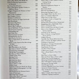 May include: A page from a vintage consumer guide, featuring a detailed table of contents. The guide covers topics like buying shoes, appliances, and avoiding scams. The text is in black font on a cream-colored paper.