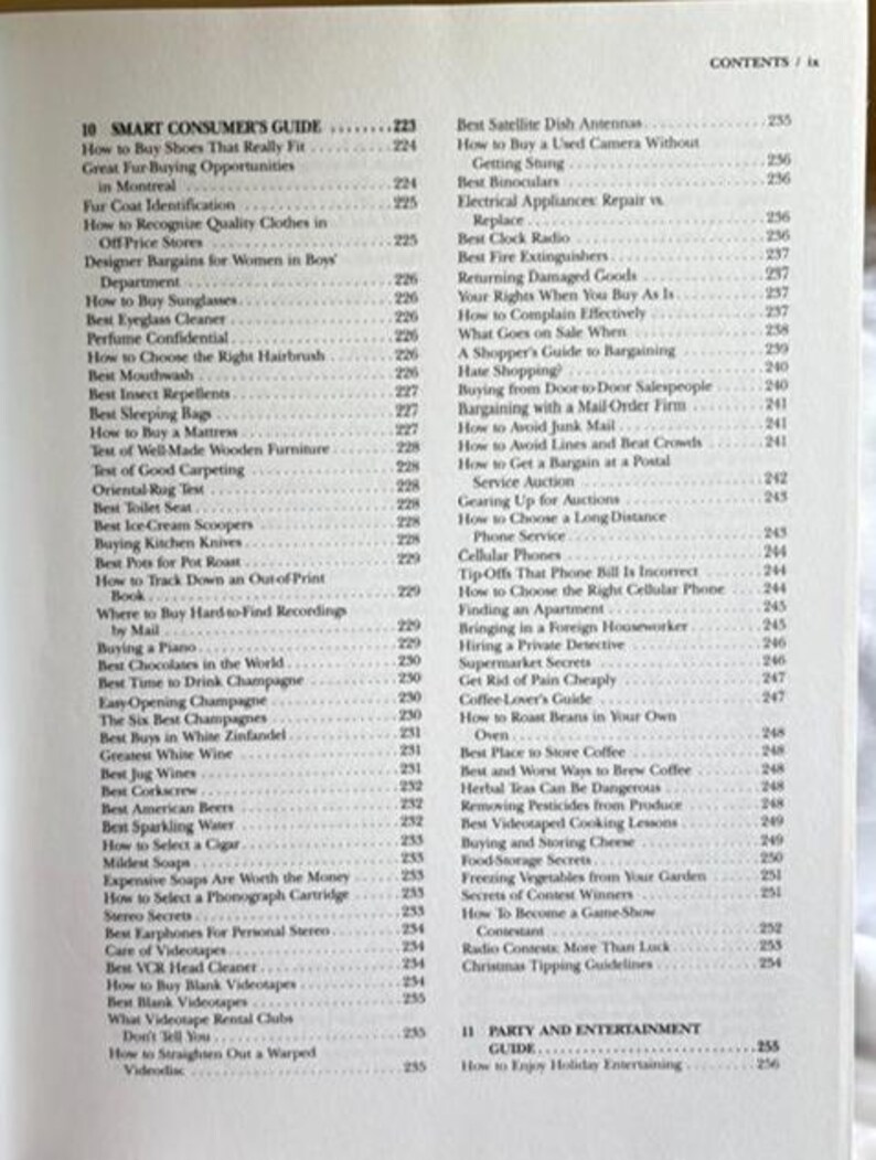 May include: A page from a vintage consumer guide, featuring a detailed table of contents. The guide covers topics like buying shoes, appliances, and avoiding scams. The text is in black font on a cream-colored paper.