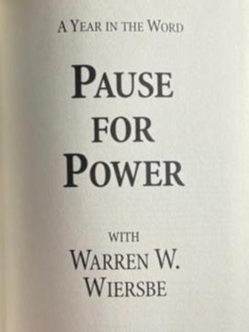 May include: A book title page printed in black ink on a white background. The text reads A YEAR IN THE WORD, PAUSE FOR POWER, WITH WARREN W. WIERSBE. The font is a classic serif typeface, centered on the page with clear, legible black lettering.