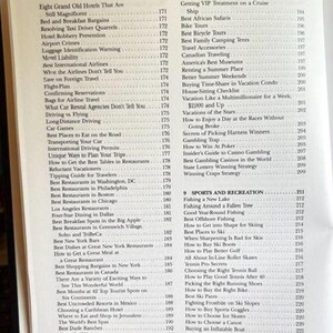 May include: A book's contents page with a list of travel-related topics, including hotels, airlines, and restaurants. The page is from a book titled "VIII / CONTENTS".