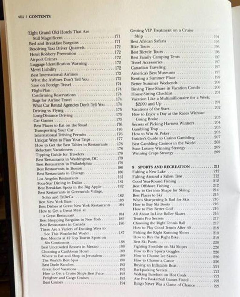 May include: A book's contents page with a list of travel-related topics, including hotels, airlines, and restaurants. The page is from a book titled "VIII / CONTENTS".