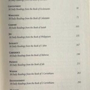 May include: A book contents page titled CONTENTS, listing twelve thematic sections including Renewal, Contentment, Wholeness, Comfort, Joy, Integrity, Confidence, Patience, Wisdom, Encouragement, Maturity, and Hope, each with 30 daily readings and page numbers.