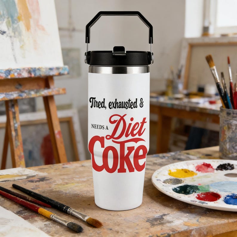 May include: White insulated tumbler with a black handle and lid. The tumbler has the text "Tired, exhausted & NEEDS A Diet Coke" in black and red lettering. The tumbler is on a wooden surface with paint supplies.