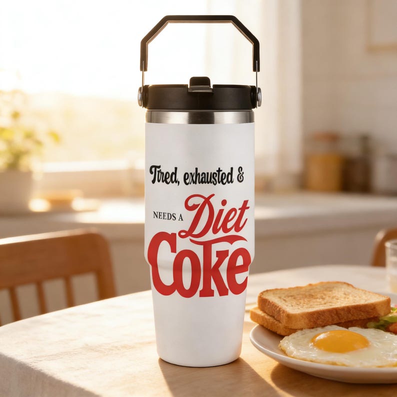 May include: A white insulated tumbler with a black handle and lid. The tumbler has the text "Tired, exhausted & NEEDS A Diet Coke" in black and red lettering. The tumbler is on a wooden table next to a plate of food.