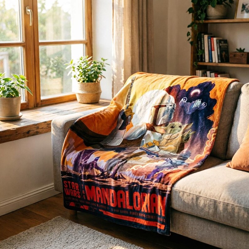 K&ouml;nnte beinhalten: Eine Star Wars: The Mandalorian-Decke liegt auf einem grauen Sofa. Die Decke zeigt eine farbenfrohe Grafik von Mandalorian und Grogu mit den Star Wars- und Mandalorian-Logos in Rot. Die Decke besteht aus weichem Material.