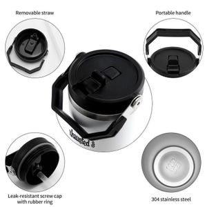 May include: Stainless steel water bottle with a black lid and handle. Features include a removable straw, leak-resistant screw cap, and a portable handle. The bottom of the bottle is marked with "304 stainless steel". The bottle has the text "thausted &" on the side.
