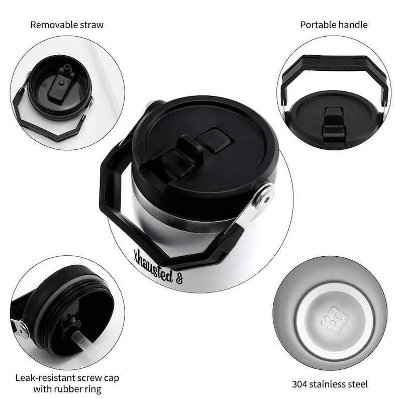 May include: Stainless steel water bottle with a black lid and handle. Features include a removable straw, leak-resistant screw cap, and a portable handle. The bottom of the bottle is marked with "304 stainless steel". The bottle has the text "thausted &" on the side.