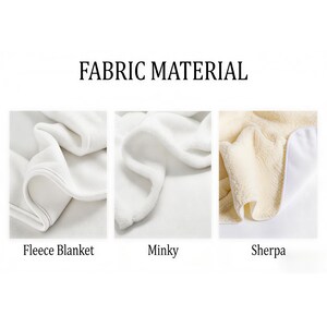 K&ouml;nnte beinhalten: Das Bild zeigt drei wei&szlig;e Stoffarten: Fleece Blanket, Minky und Sherpa. Die Stoffe werden im Detail gezeigt, um ihre Texturen hervorzuheben. Der Text "FABRIC MATERIAL" steht oben, mit den Stoffnamen darunter.