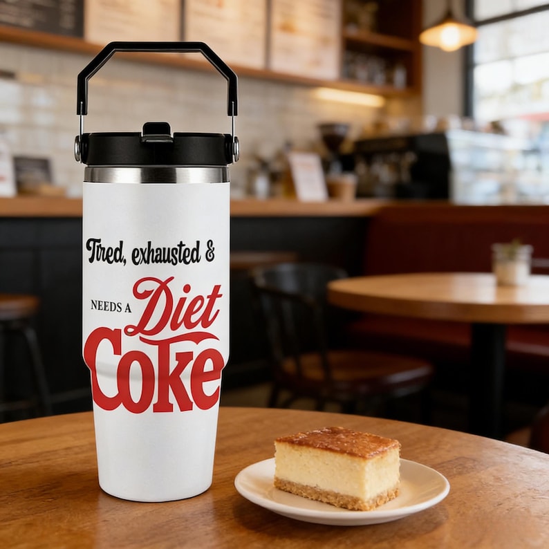 May include: A white insulated tumbler with a black handle and lid. The tumbler has the text "Tired, exhausted & NEEDS A Diet Coke" in black and red script. A slice of cheesecake sits on a white plate on a wooden table.
