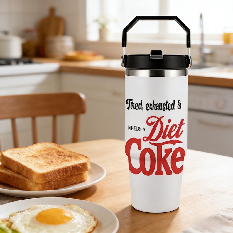 May include: A white insulated tumbler with a black handle and lid. The tumbler has the text "Tired, exhausted & NEEDS A Diet Coke" in black and red script. The tumbler is on a wooden table with a plate of toast and a fried egg.