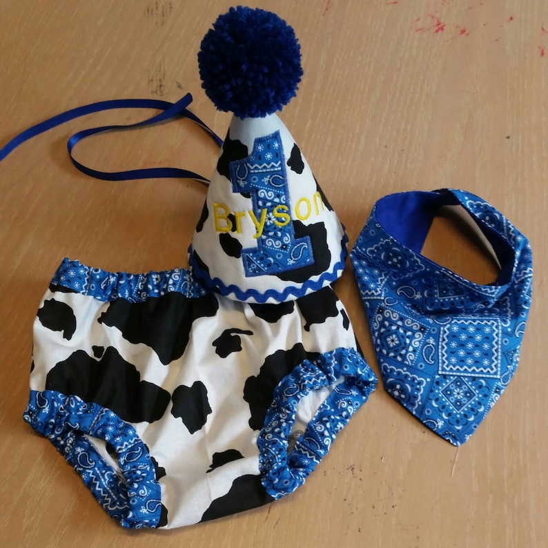 cowboy cake smash first birthday outfit Boy cake smash outfit cow print cake smash blue bandana