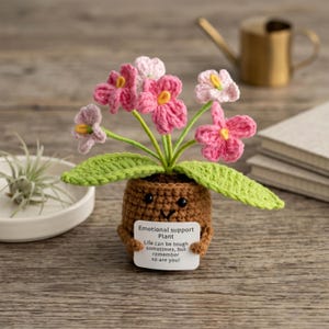 Peut inclure: Une plante de soutien émotionnel crochetée dans un pot marron avec un visage souriant. La plante a des fleurs roses et blanches, des feuilles vertes et une pancarte avec le texte.
