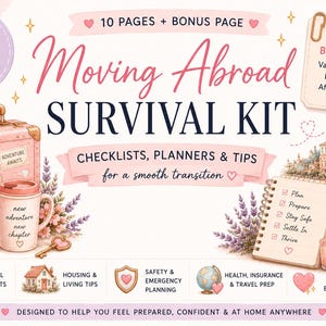 Puede incluir: Descarga digital titulada "Kit de supervivencia para mudarse al extranjero" con una maleta rosa, pasaporte y taza. La imagen incluye texto: "Listas de verificación, planificadores y consejos" y "10 páginas + página de bonificación".